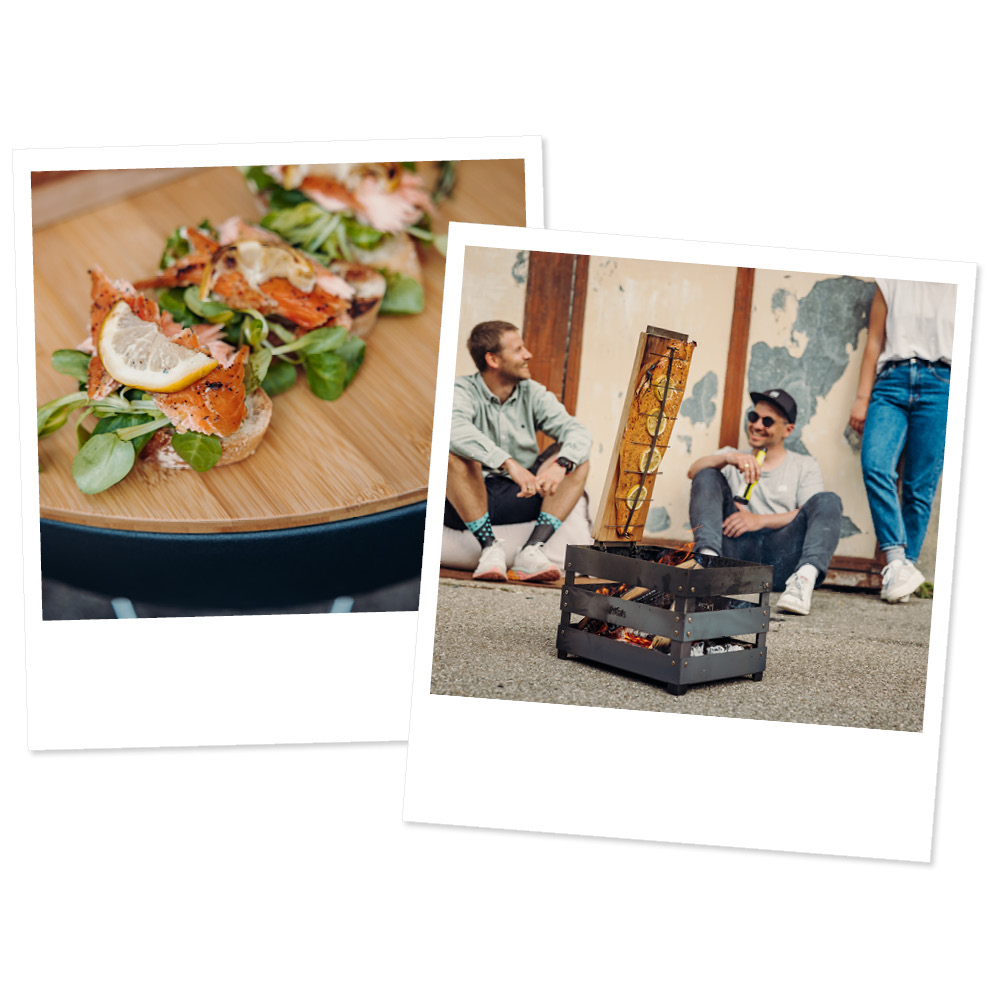 Deux images d'un homme cuisinant de la nourriture sur un barbecue.