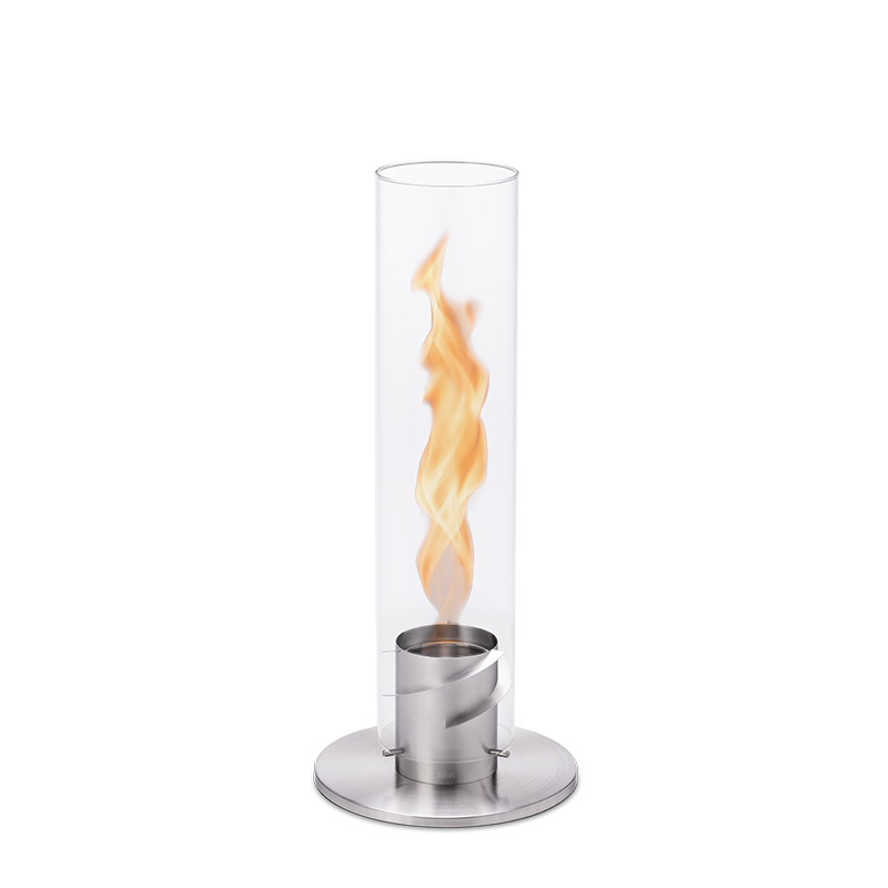 SPIN 120 Tabletop Fireplace silver This image shows a glass flame with a metal stand, with the SPIN 120 Table Fire silver.