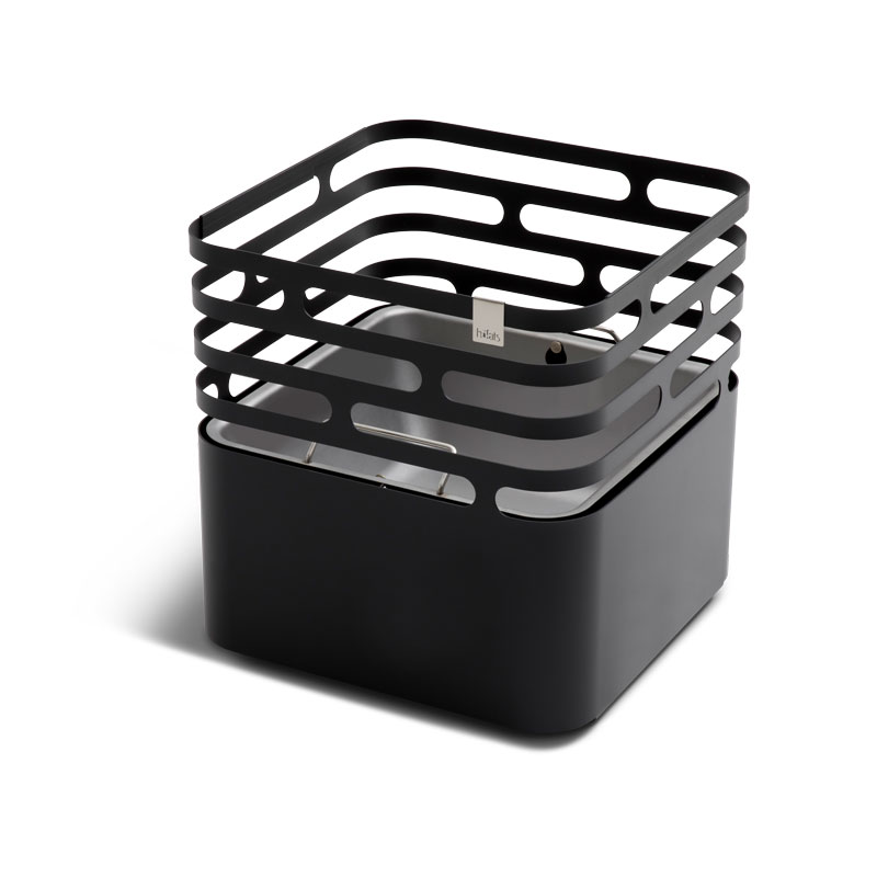 CUBE Fire Basket black The Cube Firebasket black integrates seamlessly into the setting, where the black box is open and has a handle.