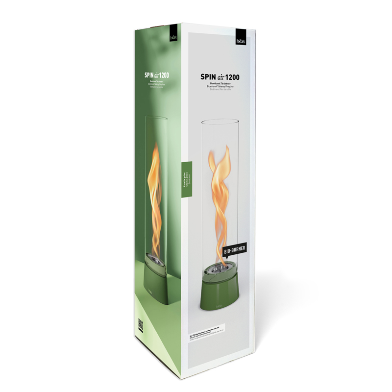 SPIN air 1200 Tabletop Fireplace enamel green The Spin Air 1200 Tablefire Emaille green Packaging is featured in a thoughtfully styled setting, balancing design and function.